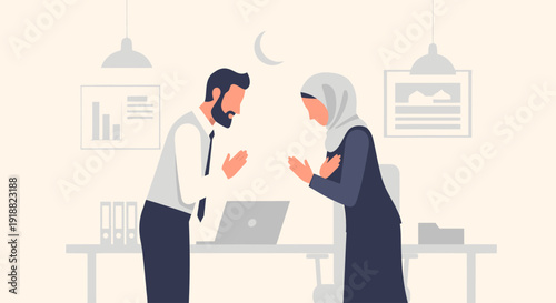 Two office workers discussing on laptop.