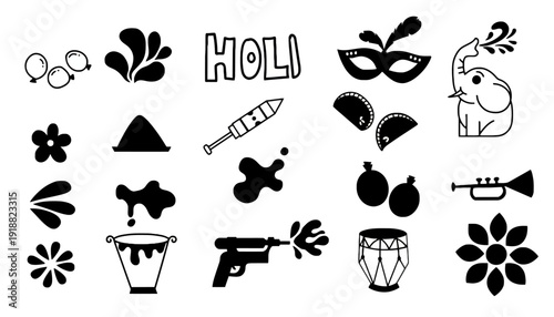 Collection of Holi celebration elements including masks, flowers, and musical instruments displayed together in a graphic illustration.