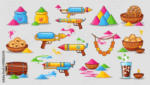 Vibrant Holi celebration elements arranged in a grid pattern on a light background, showcasing colorful powders, traditional items, and joyful festival objects from a direct viewpoint