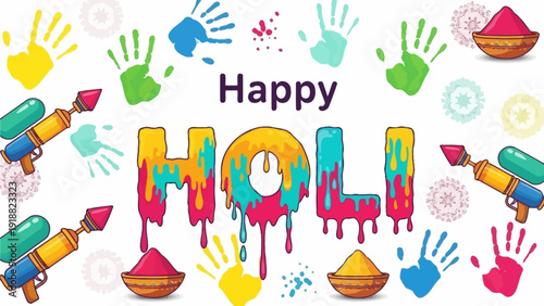 Vibrant Holi Celebration with Colorful Powders and Brushes Surrounding Festive Greeting