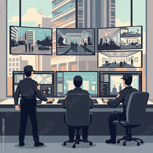 Security personnel monitoring city surveillance systems.