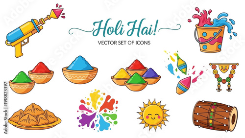 Vibrant Holi celebration icons set with colorful powders and water guns in a lively illustration
