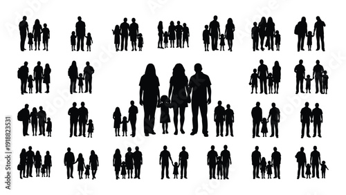 Diverse silhouettes of people in various poses and group formations isolated on white background, Vector