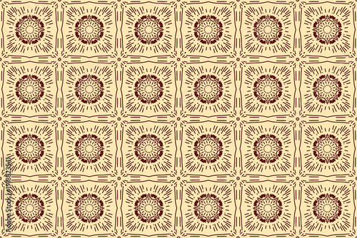 Seamless pattern with gold ornaments and brown chocolate hazelnut shells featuring circles of healthy raw nuts and macro snail shells isolated on white