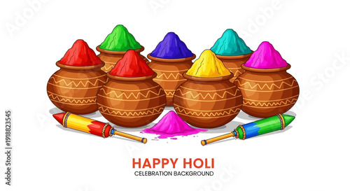 Vibrant Holi celebration with colorful powder-filled pots and brushes, symbolizing joy and festivity.