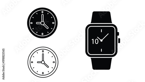 Clock and smartwatch time vector illustration set - Line and glyph icon set - Stickers and Clipart - PNG and SVG Icon collection - Lineal icons - Editable icon
