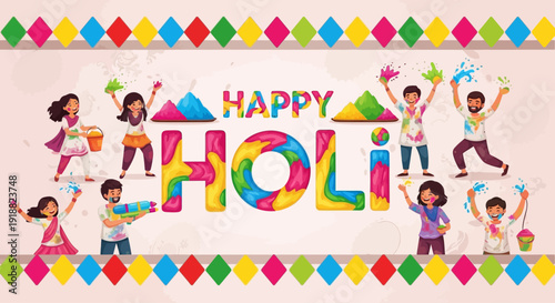 Vibrant children celebrating Holi festival with colorful powders and joyful dance in a lively cultural scene