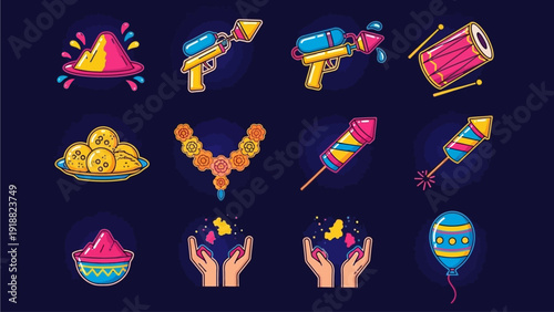 Vibrant Celebration Elements Set Against Dark Background