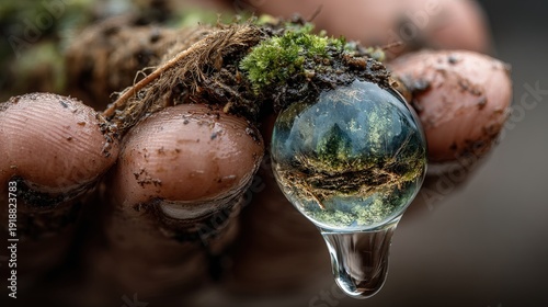 Macro Detailed Shot of World Globe Reflection on Drop Held in Hand