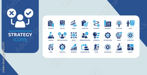 Business Strategy and Planning Icon Set Blue Goal Roadmap Vision Tactics Decision Making Symbols