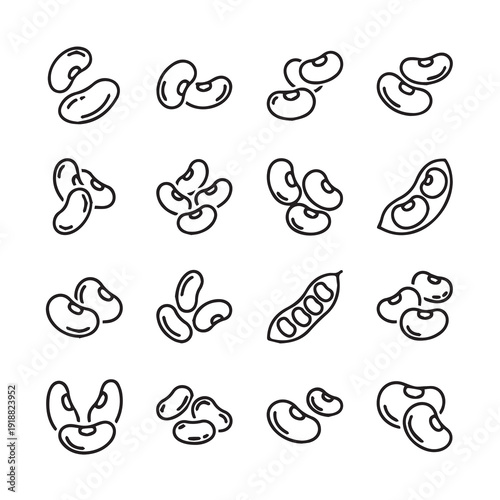 Various Bean Types and Pods Line Art Icons Collection Simple Vector Illustrations