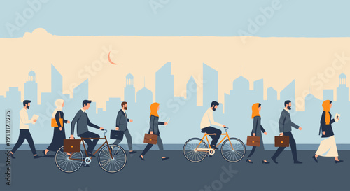 Business people commuting to work on bicycles in the city.