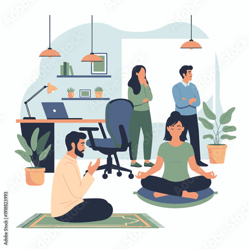 people meditating in office environment with coworkers.
