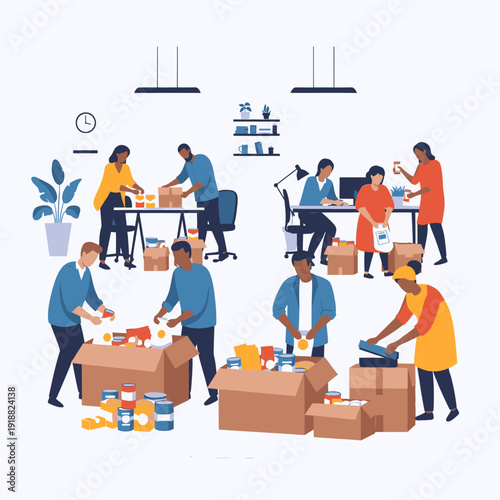 Volunteers packing food and supplies.