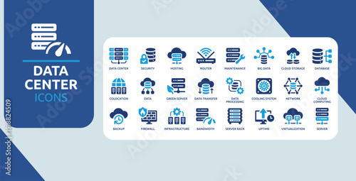 Data Center and Cloud Infrastructure Icon Set Blue Server Network Database Security Backup Symbol