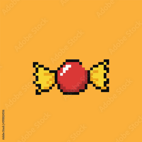pixel art red hard candy wrapped in yellow paper with a highlight on the center.