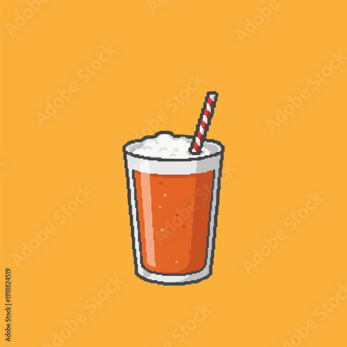 pixel art orange soda with white foam and a striped red straw.