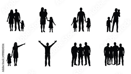 Black silhouettes of people in various poses and group formations isolated on white background, Vector