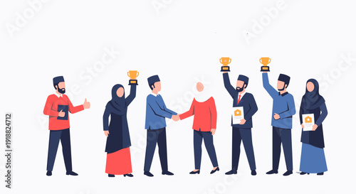 Diverse people celebrating with trophies.