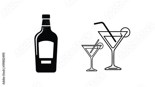 Alcohol bottle and cocktail glasses vector icon set flat design - Line and glyph icon set - Stickers and Clipart - PNG and SVG Icon collection - Lineal icons - Editable icon