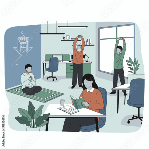 People stretching and working in office.