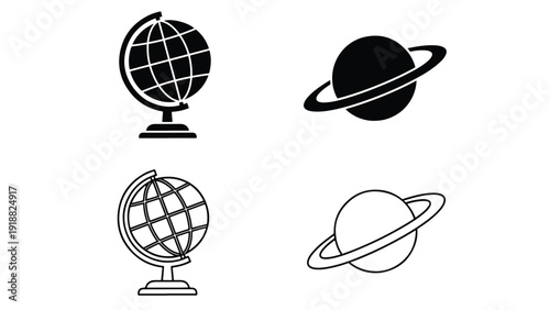 Earth and Saturn icon set flat design vector illustration - Line and glyph icon set - Stickers and Clipart - PNG and SVG Icon collection - Lineal icons - Editable icon