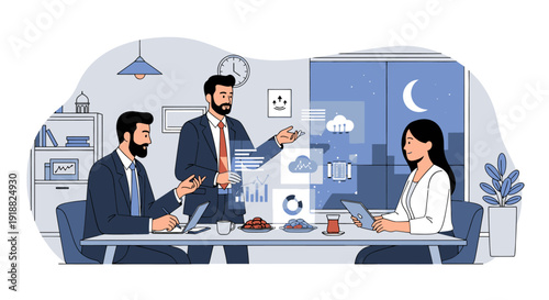 Business team discussing strategy at night.