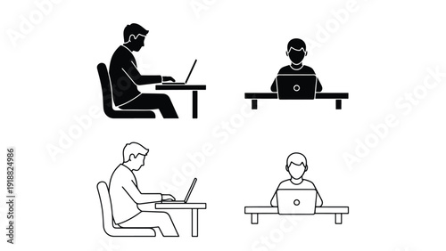 Work from home flat design vector illustration set - Line and glyph icon set - Stickers and Clipart - PNG and SVG Icon collection - Lineal icons - Editable icon