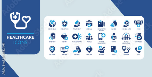 Healthcare and Medical Service Icon Set Blue Hospital Diagnosis Treatment Prevention Hygiene Doctor Symbols