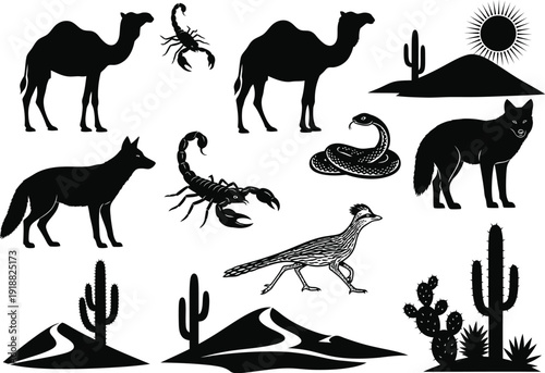 Desert landscape silhouette illustration with camels, scorpions, coyote, snake, roadrunner and cacti