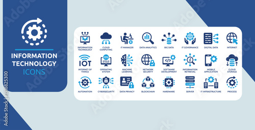 Information Technology Icon Set Blue IT Infrastructure Cybersecurity Cloud Computing Data Analytics Symbols