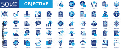 objective icon pack flat contains goal, target, purpose, aim, plan, vision, focus, intention, priority, strategy, milestone, achievement, leadership, project, forecasting, execution, horizon, idea