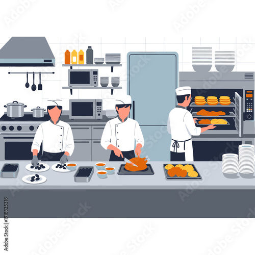 Three chefs preparing food in kitchen.