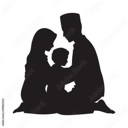 Silhouetted muslim family with a child representing love unity and faith