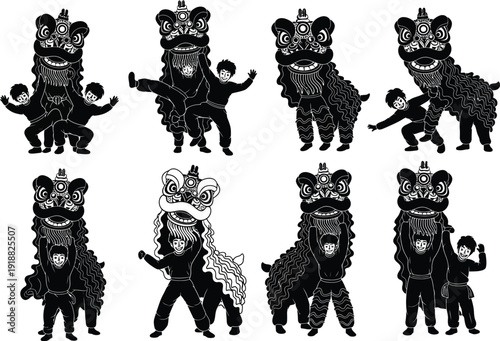 Energetic lion dance performances featuring children and adults, illustrating festive cultural traditions and joyful celebrations.