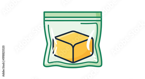 Simple cartoon illustration depicts a single block of yellow butter sealed inside a clear plastic food storage bag with a green seal ready for refrigeration.