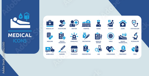 Medical and Healthcare Icon Set Blue Hospital Doctor Nurse Clinic Ambulance Pharmacy Emergency Symbols