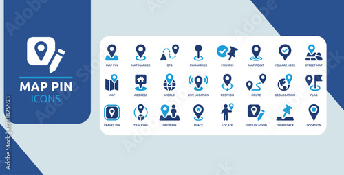 Map Pin and Location Navigation Icon Set Blue GPS Geolocation Route Tracking Address Symbols Collection
