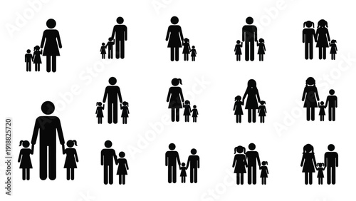 A diverse collection of black and white silhouette figures representing various family structures. isolated on white background, Vector