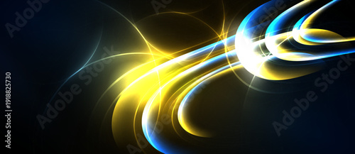 Abstract energy flows, vibrant yellow, blue hues. Dynamic curves create luminous patterns against dark background. Modern design.