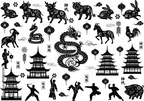Collection of traditional Chinese cultural icons and symbols, including zodiac animals, dragons, pagodas, and figures in silhouette.
