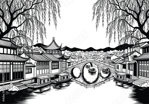 Detailed black and white illustration of a picturesque Chinese village on a canal, featuring willow trees, pagodas, and boats.
