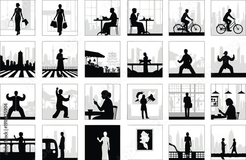 Collection of silhouette icons representing Asian city life and activities, from commuting and shopping to cultural performances.