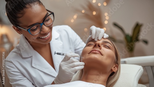 A beautician administers fat-burning injections to reduce a woman's double chin in a salon setting