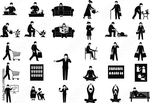 Set of silhouette icons illustrating everyday activities and hobbies, including gardening, shopping, working, and relaxing.