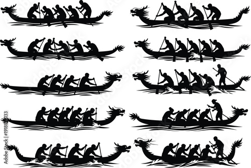 Collection of dragon boat racing scenes in silhouette vector art, depicting teams of paddlers working in unison on dynamic water backgrounds.
