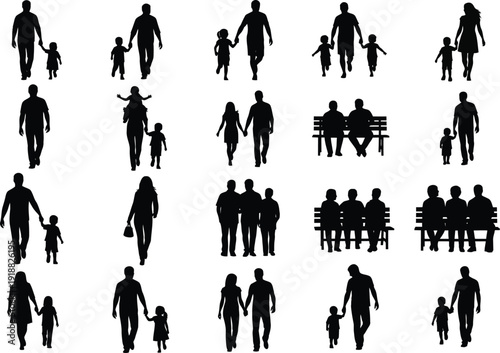 Silhouettes of families enjoying leisure activities together, including parents with children, couples, and individuals relaxing on park benches.