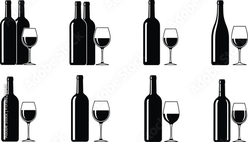 Set of black wine bottle and glass silhouettes, elegant wine icons for bar menu design, winery branding, and restaurant symbols, 20 words.