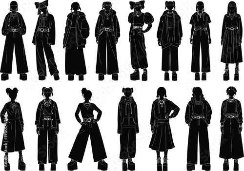 Fashionable silhouette collection of women in stylish outfits, showcasing diverse streetwear styles with oversized jackets, wide-leg pants, and platform shoes.
