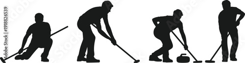 Curling athlete silhouette set sweeping ice with broom and stone in different poses, isolated on white background. Winter sport action collection for competition.